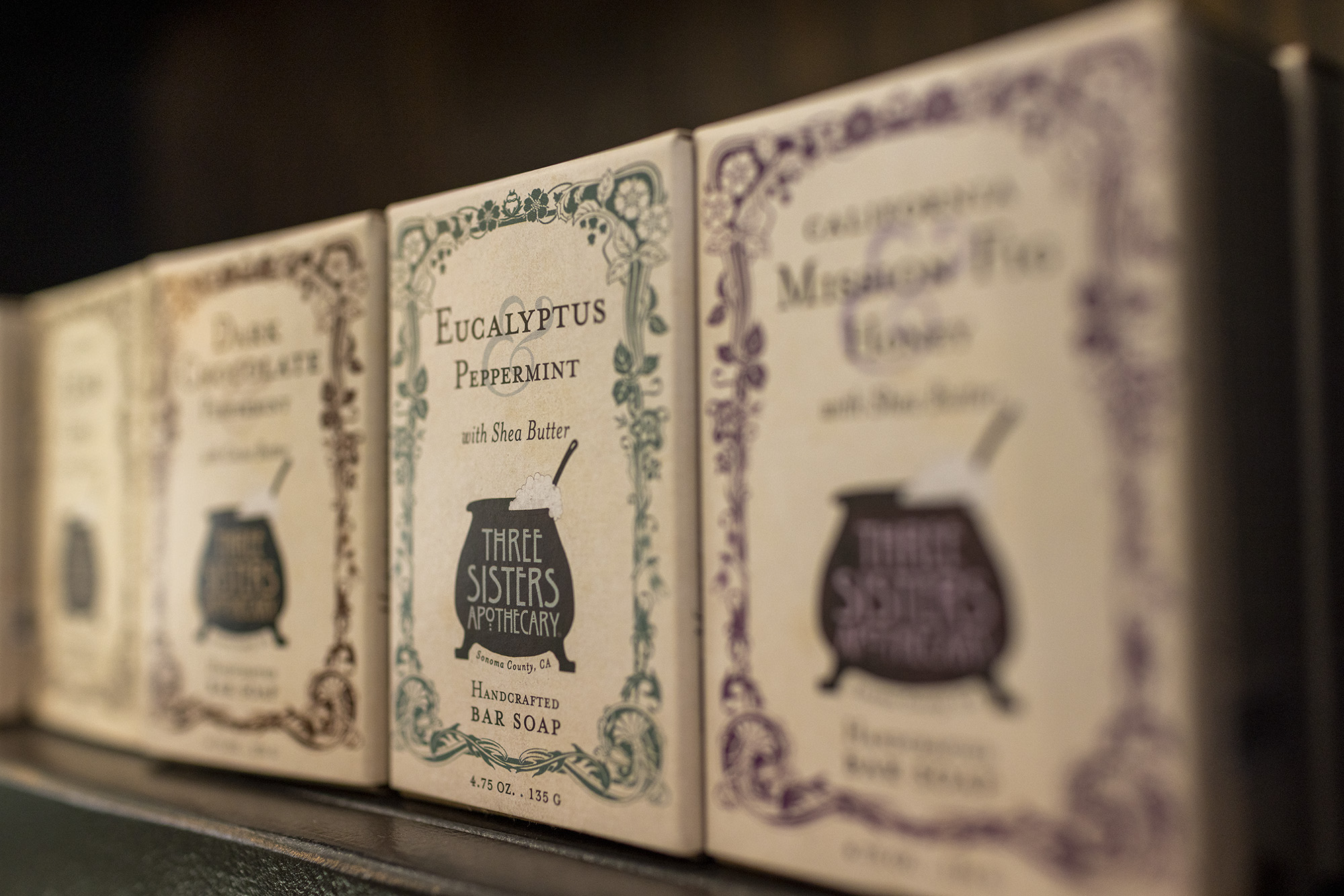 Three Sisters Apothecary handcrafted bar soaps. Featured is eucalyptus with shea butter
