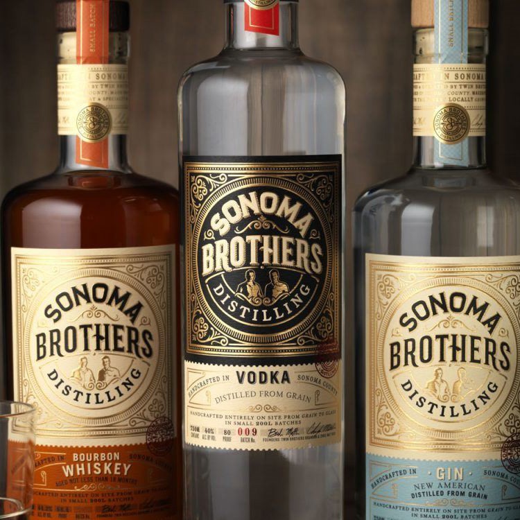 Sonoma Brothers Distilling spirits. Bottles of whiskey, vodka, and gin